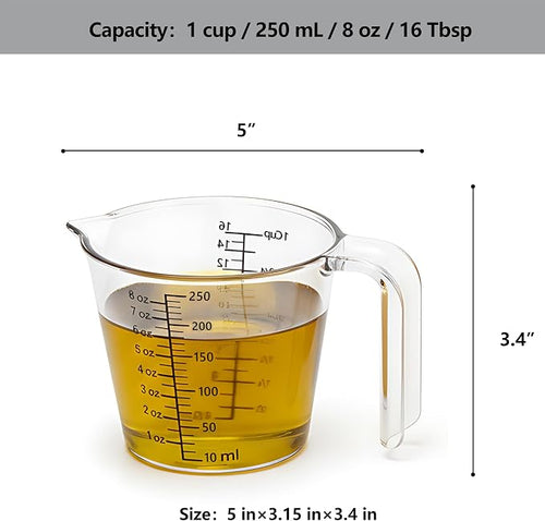 1 Cup (250ml) Measuring Cup, Laser-Etched oz/cup/mL/Tbsp, Small Plastic Measuring Cup with Handle for Baking, Hair Color & Resin