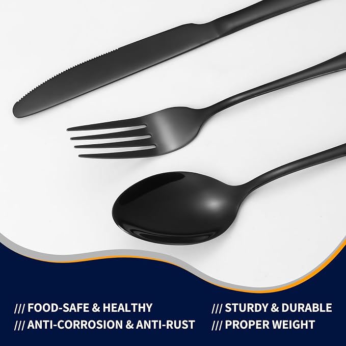 Lazycorner 53 Piece Black Silverware Set for 8, Flatware Set with Steak Knives for 8 and 5 Serving Use Set 18/10 Stainless Steel Serving Utensils Set Cutlery Set For Restaurant Hotel Dishwasher Safe