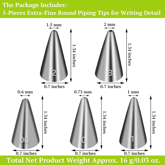 Suuker Extra-Fine Round Piping Tips Set, 5-Piece Cake Decorating Tips | 5 Small Icing Tips for Cake, Cookie and Cupcake Decorating, Cake Writing Tool