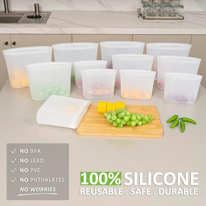 100% Silicone Reusable Storage Bag, 9 Pack Stand-Up Wide-Mouth Zip-Lock Food Storage Bags, Easy-Fill Easy-Open Easy-Clean Space-Saving, Microwave & Dishwasher Safe, 3 M/3 S/3 XS, Translucent
