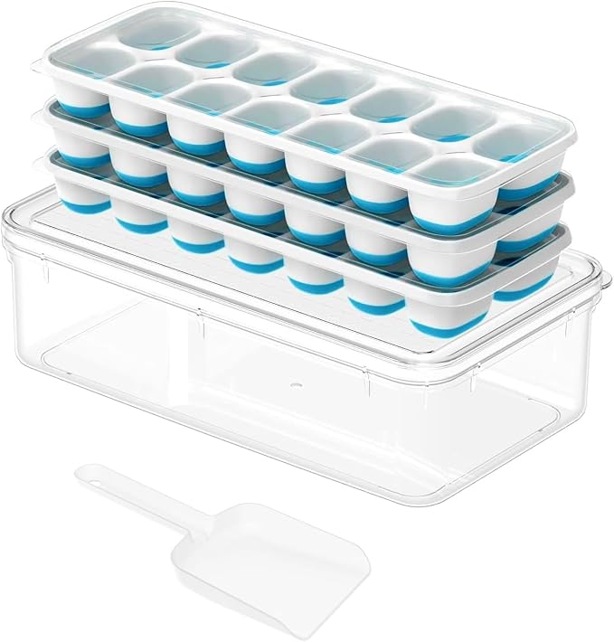 ChefAide Ice Cube Tray with Lid and Bin, 3 Packs 42 Cubes Silicone Plastic Ice Cube Trays for Freezer, Stackable Ice Tray with Container, Ice Scoop for Drinks, Coffee and Cocktails