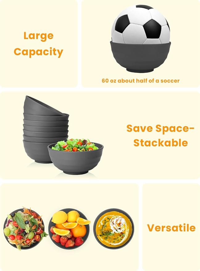 Wheat Straw Bowls Set of 8, 60oz Extra Large Unbreakable Bowls - Lightweight Alternative to Plastic Serving Bowls for Cereal, Ramen & Soup, Microwave Safe for Outdoor Activities (Grey)