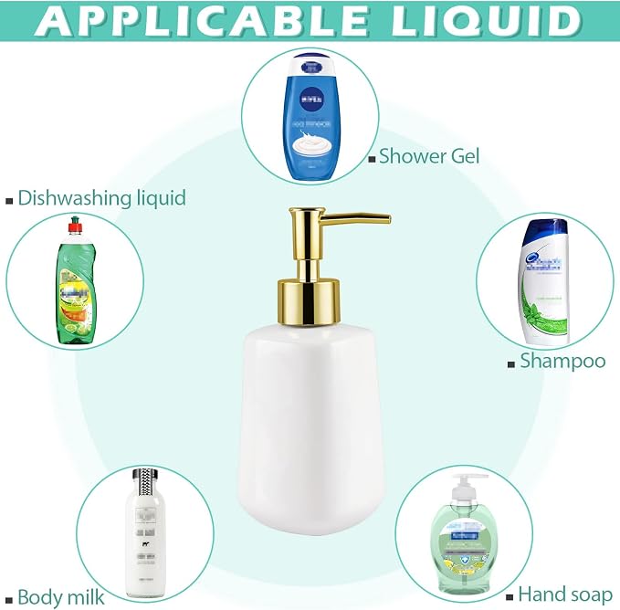 14OZ Dish Soap Dispenser, Hand Soap Dispenser Ceramic Bottle (Bright White) | Pump Dispenser Bottle, Refillable Liquid, Dish Soap, Hand Soap, Essential Oil & Lotion, Great for Kitchen & Bathroom