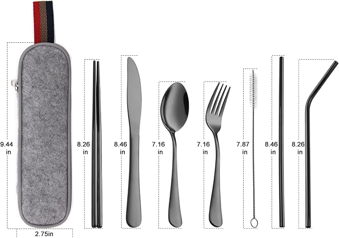 DEVICO Camping Utensils, Full-Size Travel Silverware Set with Case for Work | 8Pcs Stainless Steel Travel Cutlery Set, Portable Metal Straws Chopsticks Fork Spoon Knife Set for Lunch Box/School, Black