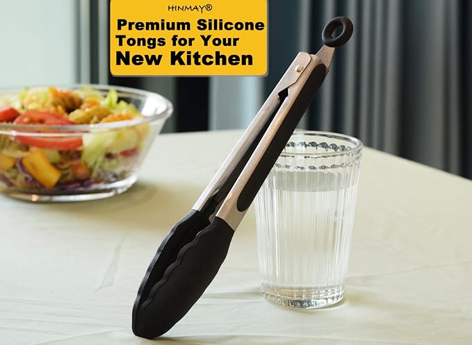 HINMAY Serving Tongs 9" Cooking Tongs with Silicone Tips, Set of 3 (Black)