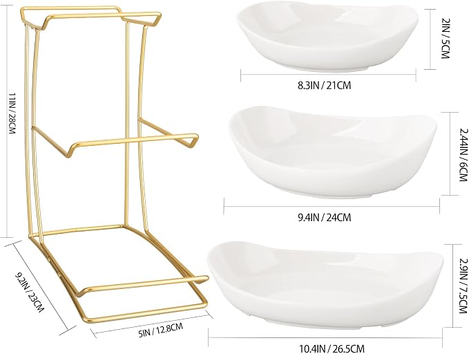 3 Tier White Gold Fruit Bowl and Tray with Metal Stand, Triple Layer Fruit Basket for Snacks, Nuts, Bread, Candy Storage