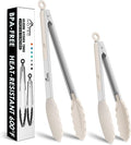 HOTEC Premium Stainless Steel Locking Kitchen Tongs with Silicon Tips, Set of 2-9" and 12",Khaki
