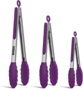 Kitchen Tongs, Stainless Steel Cooking Tongs with Silicone Tips, 600ºF High Heat-Resistant Non Scratch Locking Tongs for Cooking BBQ Grilling Air Fryer Pans, Set of 3 (7" 9" and 12") Purple