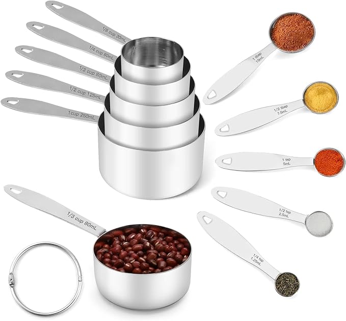 JOYHILL Measuring Cups and Spoons Set 304 Stainless Steel 10-Piece Silver | BPA-Free Silicone Handles, Etched Markings, Nestable Design, Dishwasher Safe for Dry & Liquid Ingredients