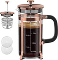QUQIYSO French Press Coffee Maker, Borosilicate Glass Coffee Press | Thickened Glass Stainless Steel Coffee French Press,Easy to Clean,4 Filter Suitable for Kitche Camping Gifts (21oz, Copper)