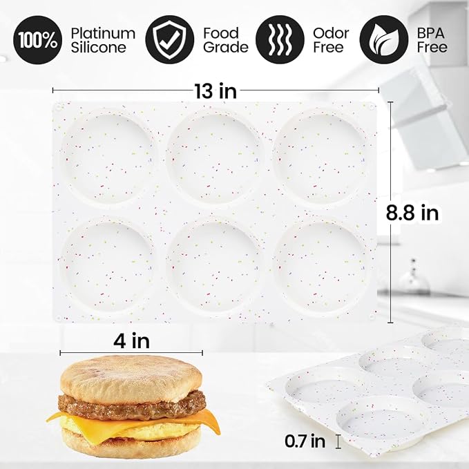 CAKETIME 4 Inch Muffin Top Pans Non Stick, Jumbo Silicone Molds for Breakfast Sandwiches Round Baking Pan for Oven English Muffins, Whoopie Pies, Corn Bread, Egg Bites, Tarts 3 Pack