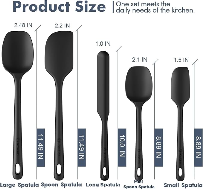 ChefAide 5 Pieces Silicone Spatula Set, Food Grade Rubber Spatula, Upgrade Strong Handle with Ergonomic Grip, Heat Resistant Up to 600°F for Nonstick Cookware, Cooking