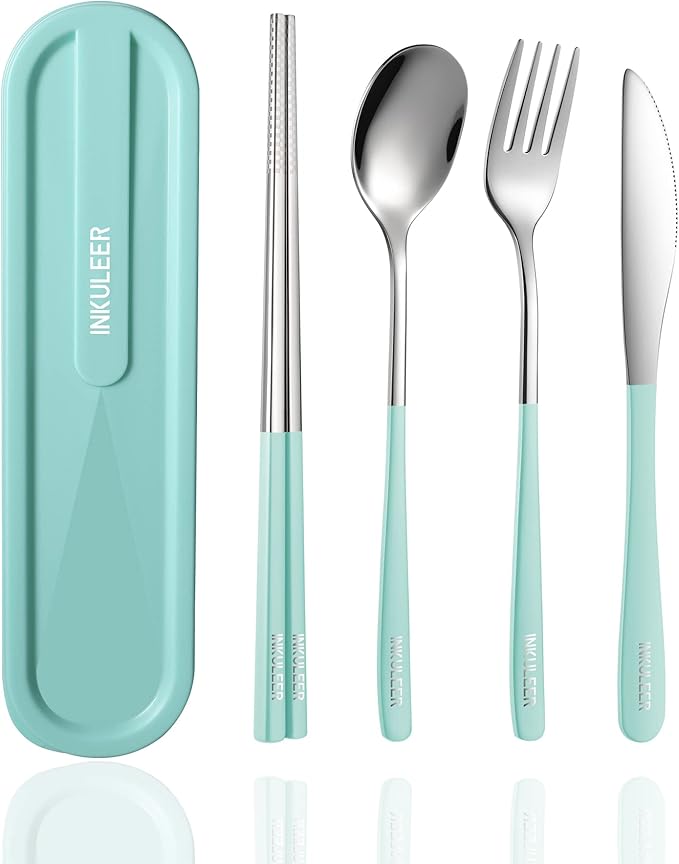 iNKULEER Travel cutlery set, 18/8 stainless steel cutlery, Reusable utensils set with case, Portable Silverware Lunch Box for Camping and Office
