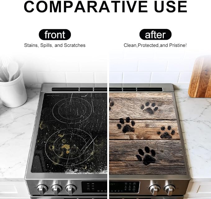 Paw Print Stove Top Cover 28x20 Inch Decorative Electric Stove Cover | Heat Resistant Cooktop Protector Mat with Non-Slip Backing, Scratch Protection and Countertop Drying Mat.