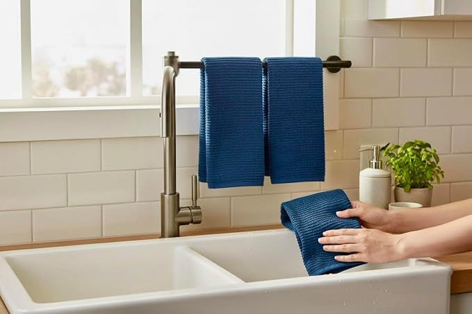 Royal Navy Blue Kitchen Hand Dish Towels, Set of 3, 100% Cotton, 18" x 28" | Terry Loop Ribbed Textured, Soft & Absorbent Cleaning Cloth, Quick Dry, Multipurpose for Everyday Use