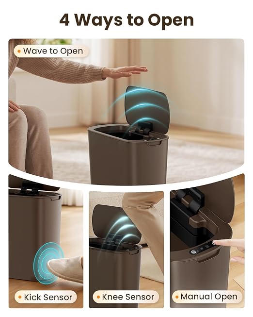 Cesun 5 Gallon Automatic Bathroom Trash Can with Lid, Brown, Touchless | Motion Sensor, Slim, Small Smart Garbage Bin, Plastic, Battery Operated, Manual Button, for Office/RV/Bedroom/Living Room