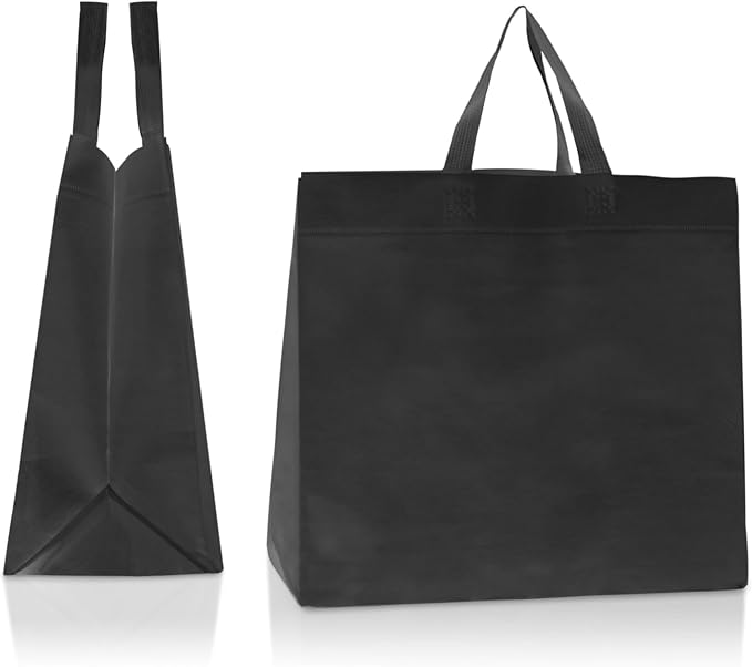 Simply Cool 400 Pack Reusable Grocery Bags, Medium Tote Bags Bulk, Black | 12.6"x6.3"x11.8" Heavy Duty Non-woven Custom Shopping Bags with Handles, Foldable, Washable for Retail and Commercial use