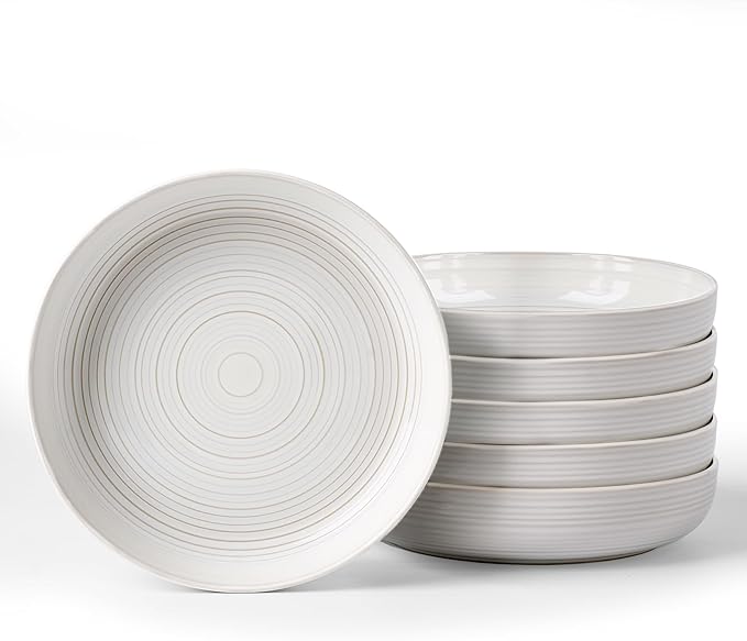 famiware Milkyway 33 oz Pasta Bowls Set of 6, White Thread | Double Reactive Glaze, Scratch-Resistant Stoneware Salad Bowls, Stackable, Dishwasher & Microwave Safe, Lead-Free