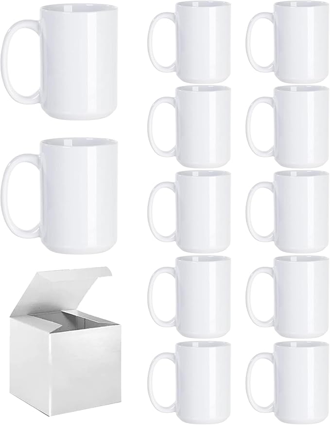ABBSH Sublimation Coffee mugs, 15 oz White Coffee Mugs Tazas Para Sublimacion Cups With Box for Coffee, Soup, Tea, Milk, Latte, Hot Cocoa Set of 12