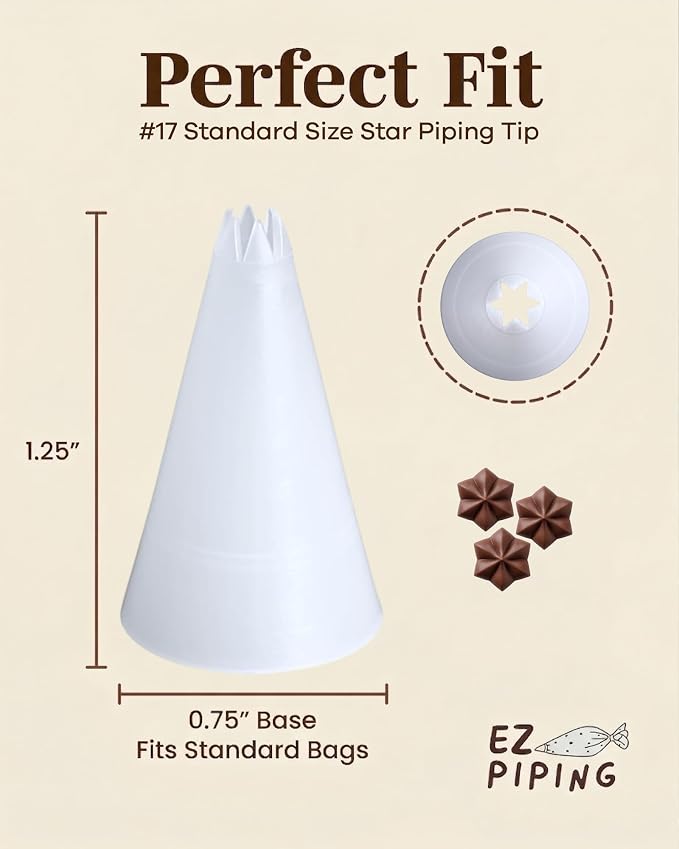 Reusable Plastic Piping Tips, Nozzles Standard Size Star Tip #17 (20pcs) | EZPiping Icing Nozzles with 2 couplers for Cake Decoration and Dessert Design, Baking Supplies Base Ø 0.75" Height 1.25"