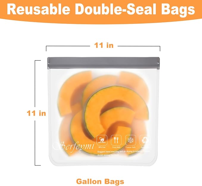 Serfeymi 6 Pack Reusable Gallon Freezer Bags Dishwasher Safe, Extra Thick Large Food Storage Bags BPA Free, Leak Proof Reusable Plastic Bags for Home Organization, Marinate Meat, Salad Fruit Vegetable