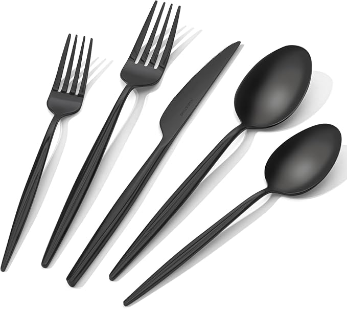 18/10 Silverware Set for 8, 40 Piece Black Stainless Steel Flatware Cutlery | KINGSTONE Mirror Polished Forks Knives Spoons Utensils, Tableware for Home Kitchen Restaurant Wedding, Dishwasher Safe