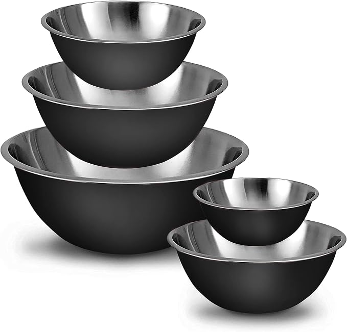 WHYSKO Stainless Steel Mixing Bowls Set, 5-Piece Meal Prep & Food Storage | .75, 1.5, 3, 4 & 5 Quart Metal Mixing Bowls Set for Prep, Serving, Baking & Food Storage, Ecofriendly, Dishwasher Safe, Black