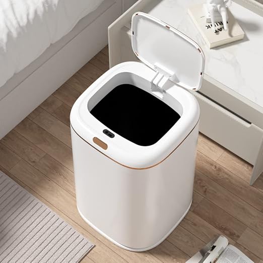 Sooyee 40L Automatic Trash Can with Lid, White with Gold Border | 10 Gallon, Smart Motion Sensor, For Bedroom, Bathroom, Kitchen, Office, 3 Opening Modes