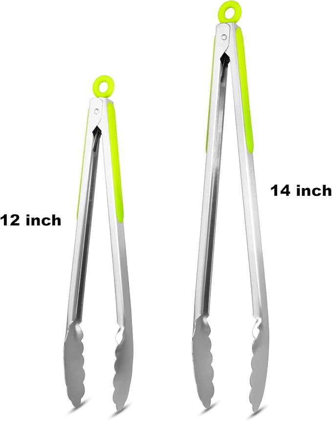 304 Stainless Steel Kitchen Cooking Tongs, 12 & 14 Inch, Set of 2, Green | Locking Food Tongs with Non-slip Grips and Hanging Loops for Cooking, Grilling, BBQ and Serving, Dishwasher Safe