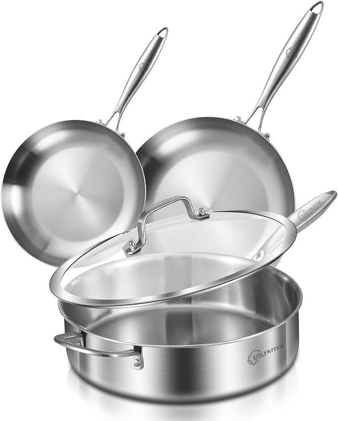 LOLYKITCH 8-10 Inch Frying Pans & 6-Quart Saute Pan with Lid | Set | Tri-Ply Stainless Steel Cookware | Dishwasher and Oven Safe | Detachable Handle | Compatible for All Cooktops