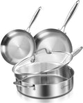 LOLYKITCH 8-10 Inch Frying Pans & 6-Quart Saute Pan with Lid | Set | Tri-Ply Stainless Steel Cookware | Dishwasher and Oven Safe | Detachable Handle | Compatible for All Cooktops