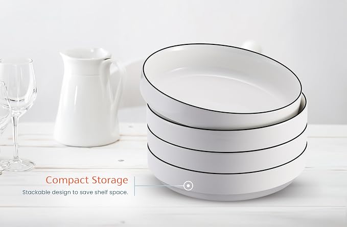 KooK Ceramic Large Pasta Bowls, Microwave and Dishwasher Safe, Great for Soups and Salads, Shallow Serving Bowls, Glossy Porcelain, 47 oz, Set of 4, French