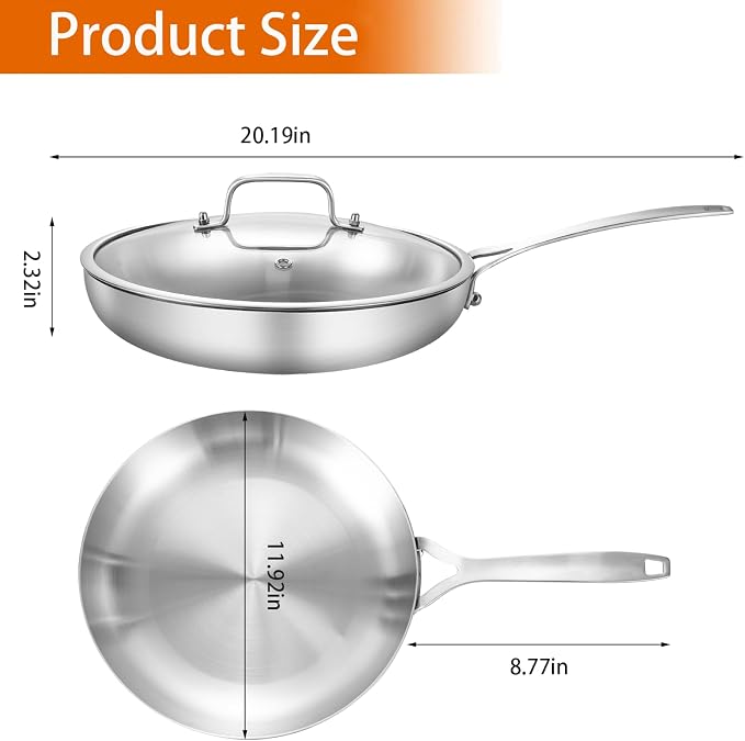 DELARLO Tri-Ply Stainless Steel Frying Pan 12" With Lid Kitchen Skillet | Stainless Steel Pan Cooking Heat fast and evenly Compatible with All Cooktops Dishwasher and Oven Safe