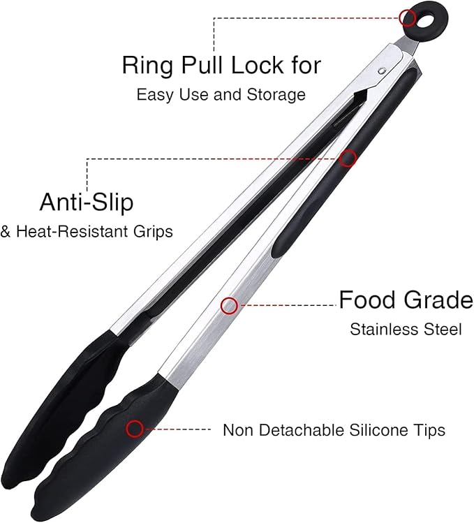 12 Inch Kitchen Tongs, Stainless Steel Cooking Tongs with Silicone Tips | For Cooking/Serving/Grilling | Heat-Resistant | Food-Grade Material | Dishwasher Safe | Black