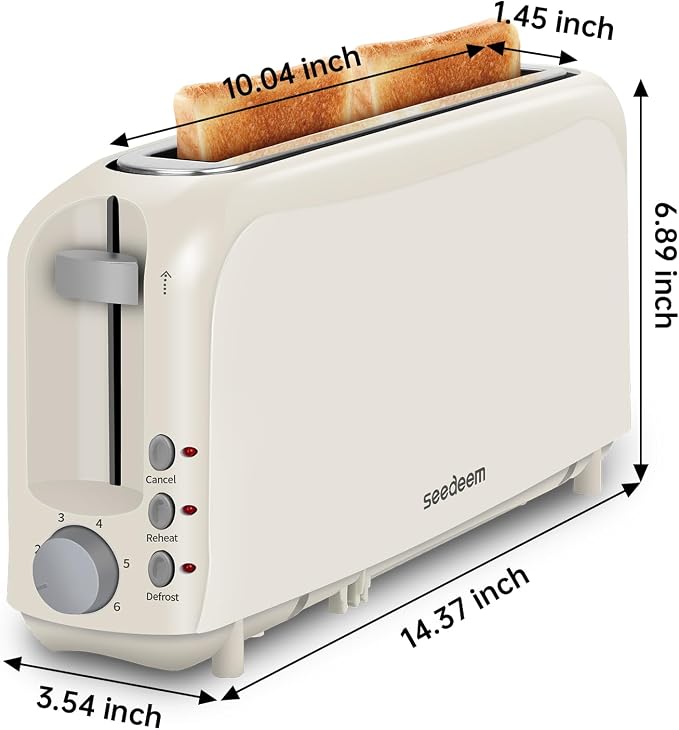 SEEDEEM 2 Slice Slim Toaster, Single 10" Long Slot Toaster Fits Bagels & Artisan Bread, 6 Shade Settings, Cancel/Reheat/Defrost, Removable Crumb Tray, Auto Shut-Off, Ivory
