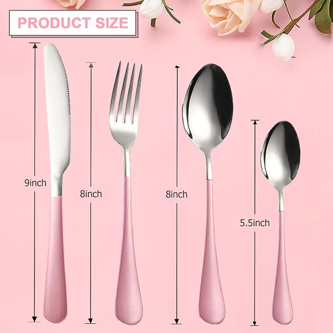 24 Pieces Silverware Set, Stainless Steel Cutlery Set with Holder, Flatware Set for 6 Person Tableware Set Includes Dinner Knives Forks Spoons Teaspoons, Mirror Polished (Pink)