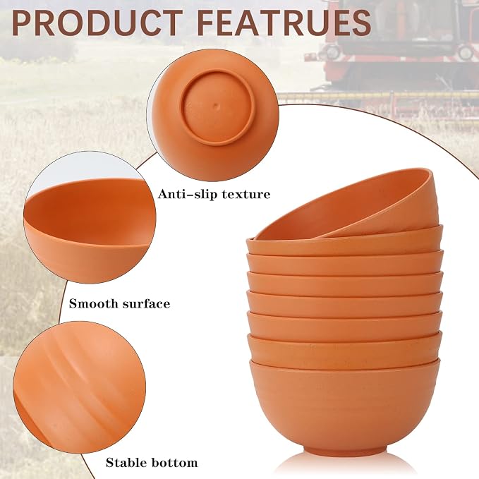 Wheat Straw Bowls Set, Unbreakable & Lightweight Microwave Safe Bowls for Soup, Cereal, Salad, 8-Piece Vibrant Soup Bowls for Kitchen, Family, Party, Picnic, Dishwasher Safe, 26 OZ(Orange)