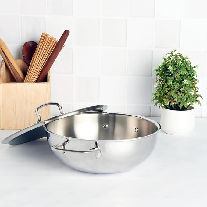 Vinod Platinum Triply Kadai, Extra Deep, 32cm, Induction, for Home Kitchen | Stainless Steel Wok For Sauces, Stews And Soups; Electric Stove Compatible, Durable Tri-Ply Base