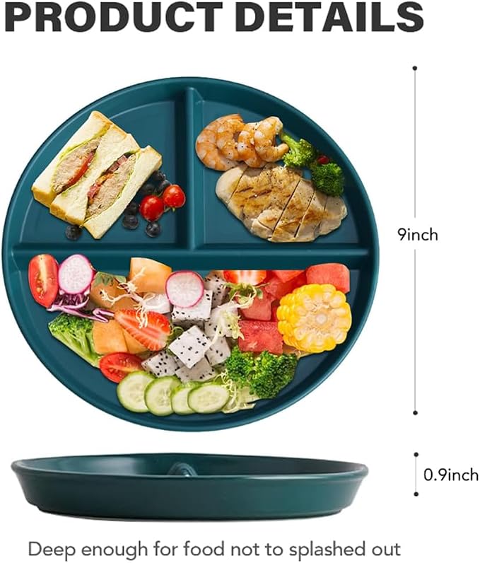 PUPOPIK 9" Unbreakable Divided Plates Set of 5, Wheat Straw Plate Reusable Dinnerware Portion Control Plate, Round Bariatric Plastic Plate for Kids Adults, BPA-free, Dishwasher Safe