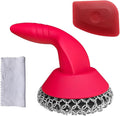 Cast Iron Scrubber with Pan Scraper & Towl, 316 Chainmail Scrubber with Long Handle, Upgraded Chain Mail Scrubber Cleaner for Grill Pan Skillet Wok Carbon Steel Dutch Oven Metal Brush (Red)