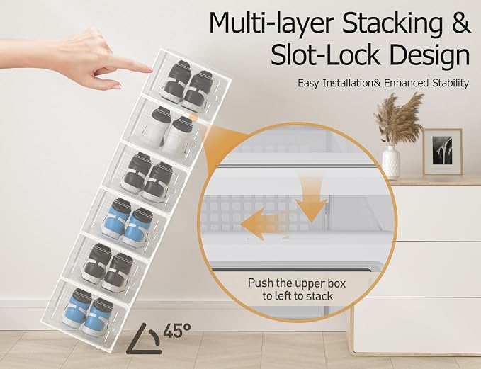 Kuject XX-Large Shoe Storage Boxes 12 Pack, Clear Stackable Shoe Organizer | Shoe Case for Closet, Entryway & Under-Bed Storage, Drop-Front Design, Space-Saving Solution for Family Organization,White
