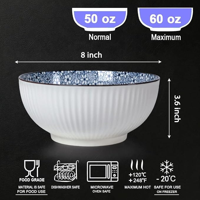 Houlu 60 oz Pho Bowls, Large Soup Bowl, Japanese Ramen Bowl Set, 8 inches Big Porcelain Bowls Set of 3, Wave Pattern