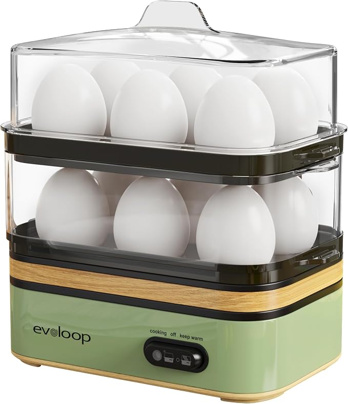 Evoloop Rapid Egg Cooker Electric 12 Eggs Capacity, Soft, Medium, Hard Boiled, Poached, Omelet Maker Egg Poacher & Vegetable Steamer, BPA Free Tray（Green）