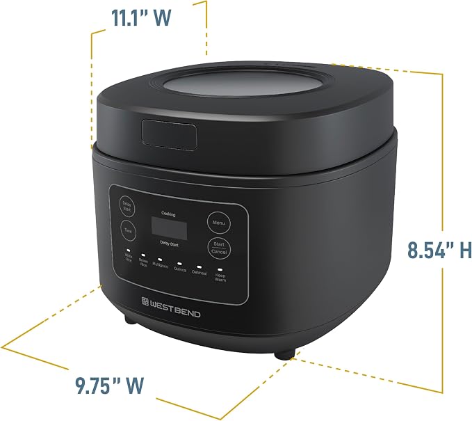 West Bend Programmable Rice & Grain Cooker with 7 Preset Functions, Includes Delay Start and Keep Warm, Features Easy View Window & Steam Basket, 12 Cups Cooked (6 Uncooked), Black