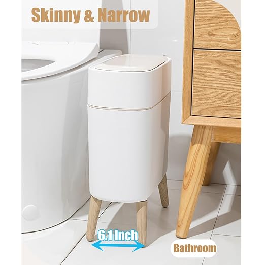 Yatmung 2 Pack - Motion Sensor Trash Can with Lid - Slim Smart Garbage Can | Waste Basket for Bedroom, Office, Kitchen, Living Room - Automatic Trash Can Bathroom Touchless - White with Wooden Legs