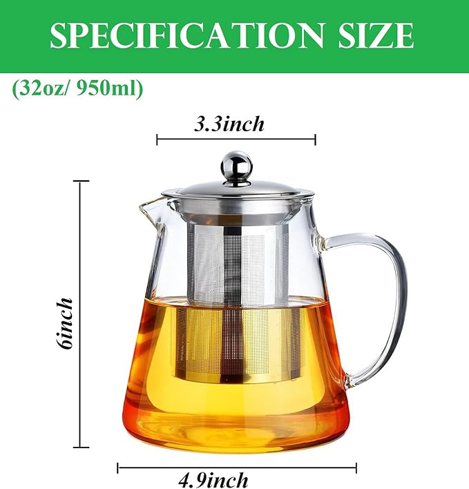 Mini Size Glass Teapot Tea Kettle-with Stainless Steel Removable Infuser for Blooming Tea & Loose Leaf Tea, Microwave & Stovetop Safe, 950ML/32oz (L-950)