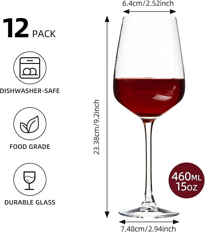 15oz Wine Glasses Set of 12, Thickened Stemmed Glasses for Red/White Wine, Heavy Base Clear Red Wine Glasses for Everyday, Wine Lovers, Parties, Gifts, Dishwasher Safe, 460ml, 12 Piece Set