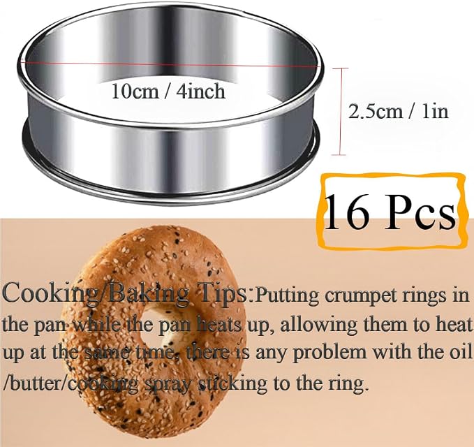 16packs English Muffin Rings Crumpet Rings 4 Inch Stainless Steel Double Rolled Tart Ring Nonstick Metal Round 4'' Ring Molds for Baking Cookies, Pancakes, Pastry