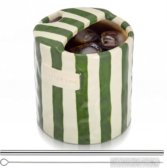 1 Pack Ceramic Mug with Sip Hole, Simple, Green | 10oz Ceramic Coffee Cup with Straws, Retro Hand Painted Striped, for Iced Coffee Tea Latte Espresso, Kitchen Dining Travel