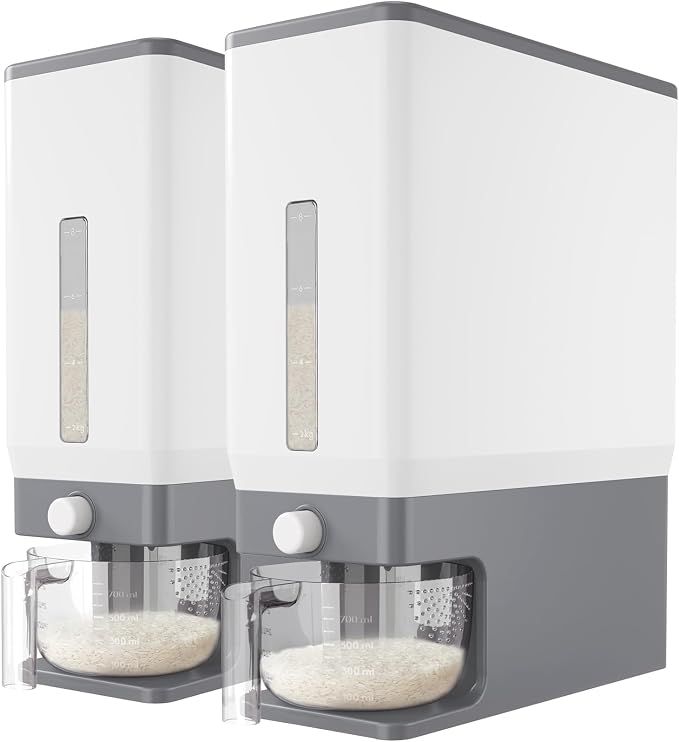 Lifewit Rice Dispenser 25 Lbs, Airtight Storage with Cup, 2 Pack Grey | BPA-Free 11.3kg Capacity Storage Container for Beans, Corn & Other Small Grains, One-Press Dispensing Bin for Kitchen Pantry